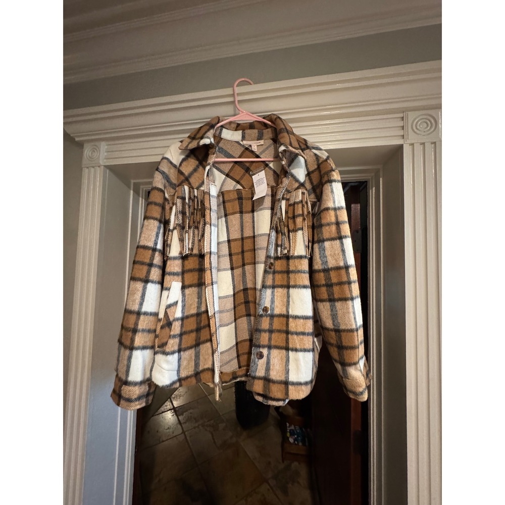 Vintage Threads Womens Plaid Fringe Shacket Brown Cream Western Jacket NWT Small